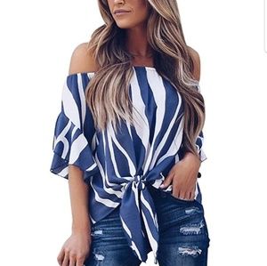 Blue Stripe Off The Shoulder Tie Front Top-2 LEFT!